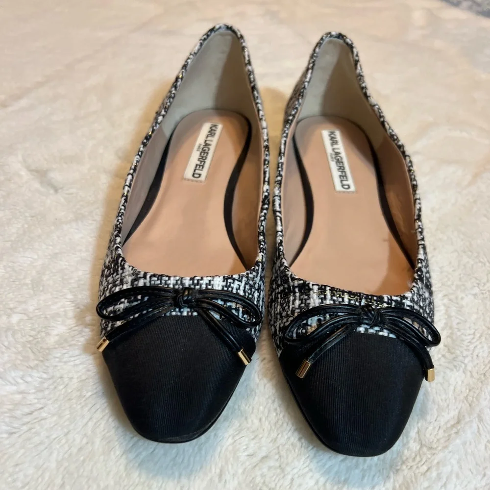 Karl Lagerfeld Black and White Pearl And Tweed Bow Ballet Flats - Picture 1 of 9